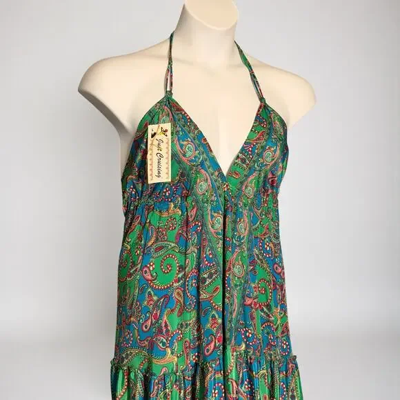 Just Cruising Boho Paisley Halter Maxi Dress Green Pink Tiered Festival One Size - Picture 3 of 6